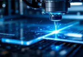 Precisie lasersnijden van helder acryl plastic met intense blauwe laserstraal en perfecte snijrand in industriële setting