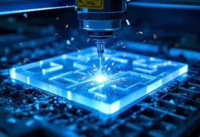 Precisie lasersnijmachine snijdt acryl plastic met blauwe laserstraal, vonken en perfecte randen zichtbaar