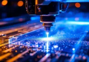 Precisie lasersnijmachine snijdt acrylplaat met blauwe laserstraal, meetinstrumenten tonen millimeter nauwkeurigheid