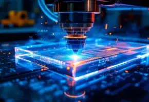 Laser snijdt door transparant acryl plastic met blauwe lichtstraal en wiskundige formules in industriële omgeving