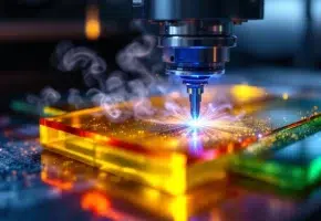 Precisie lasersnijden van kleurrijke plastic vellen met blauwe laserstraal in professionele werkplaats