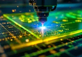 Lasercutter snijdt groene kunststof met precisie, blauwe laserstraal creëert gladde randen met vonken en rook