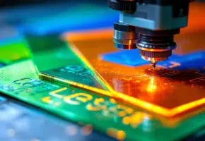 Lasersnijden van kleurrijk plastic met oranje, blauwe en groene platen die precisie industriële snijranden tonen