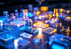 Lasersnijden plastic onderdelen op industriële werkbank met precisie randen en blauwe gloeiende accenten