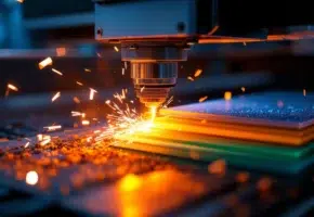 Industriële lasersnijmachine snijdt plastic materialen met oranje laserstraal en vonken in professionele fabriek