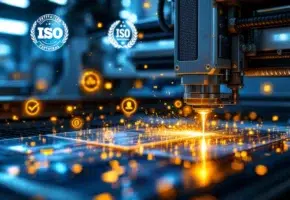 Precisie lasersnijden van plastic materialen in steriele fabriek met ISO-certificeringen en kwaliteitscontrole symbolen