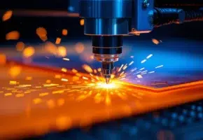 Precisielaser snijdt door oranje kunststofplaat met vonken en schone randen in industriële productieomgeving