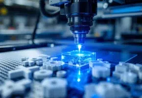 Precisie lasersnijmachine snijdt plastic platen met blauwe laserstraal, verschillende diktes en volumes zichtbaar