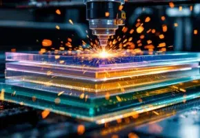 Laser snijdt door gestapelde transparante plastic platen met oranje vonken en gloeiende randen in industriële werkplaats