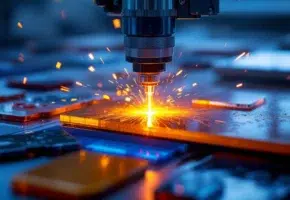 Industriële lasersnijder snijdt kleurige plastic platen met oranje laserstraal, vonken en rook zichtbaar