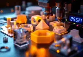 Precisie laser-gesneden plastic onderdelen met digitale meetinstrumenten en blauwe LED-displays op industriële meetstation