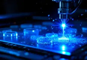 Lasersnijaachine snijdt plastic materiaal met blauw-witte laserstraal, vonken zichtbaar op industriële snijbed