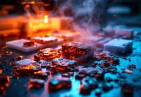 Gesmolten plastic materialen met brandschade van lasercutter pogingen op industriële werkbank met waarschuwingsverlichting
