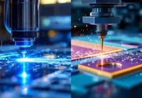 Precisieproductie: lasersnijden van plastic links, stansproces rechts met industriële machines op achtergrond