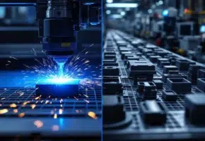 Lasersnijden prototype met blauwe laserstraal en vonken naast geautomatiseerde productielijn met plastic onderdelen
