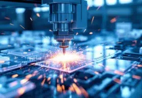 Industriële lasersnijmachine snijdt plastic platen met blauwe laserstralen en vonken in geautomatiseerde fabriek