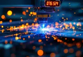Lasersnijtmachine snijdt plastic materiaal met blauwe laserstraal en gloeiende LED-sensoren in moderne fabriek