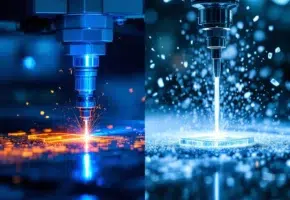 Precisie snijmethoden: blauwe laserstraal en hogedruk waterstraal snijden plastic materiaal in industriële werkplaats