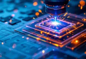 Precisie lasersnijden van transparante kunststof met blauwe laserstraal, technische tekeningen en vonken zichtbaar