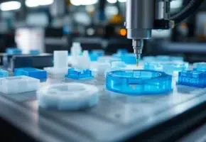 Lasersnijden plastic onderdelen in blauw en wit op precisietafel met digitale schuifmaten en meetgereedschap