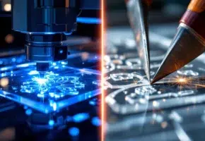 Laser snijmachine met blauwe straal snijdt precisie patronen in acryl versus traditionele gereedschappen met ruwe randen