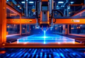Precisiesnijmachine met blauwe laser die plastic snijdt, veiligheidsbril en waarschuwingsborden zichtbaar