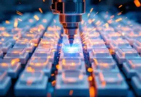 Laser snijdt door transparant plastic met blauwe straal, toont precisie productieproces met vonken en stoom