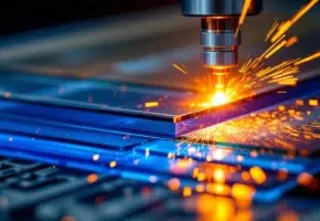 Precisie lasersnijden door gestapelde gekleurde kunststofplaten met oranje laserstraal en vonken in industriële omgeving