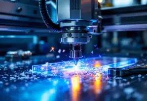 Industriële lasersnijmachine snijdt acrylplastic met blauwe laserstraal, onderhoudsgereedschap op werkbank zichtbaar