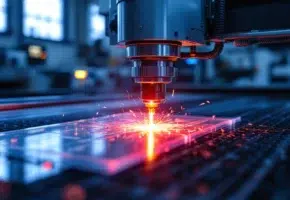 Industriële lasersnijmachine snijdt plastic met rode laserstraal, vonken zichtbaar in professionele werkplaats