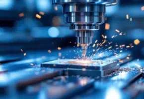 CNC freesmachine snijdt aluminium werkstuk met metaalspanen en vonken in industriële omgeving