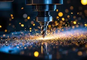 CNC freesmachine snijdt aluminium met carbide frees, metaalspanen en koelvloeistof zichtbaar in industriële verlichting