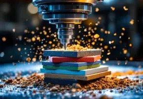 CNC freesmachine snijdt door gestapelde metalen, plastic en rubber materialen met vliegende metaalspanen in industriële werkplaats