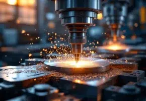 CNC-freesmachine in actie met metaalspanen die wegkrullen van snijgereedschap in industriële werkplaats