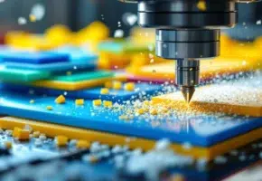 CNC freesmachine snijdt door kleurrijke plastic materialen met metalen snijgereedschap in industriële werkplaats