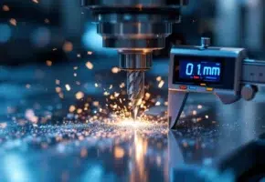 CNC freesmachine snijdt aluminium met carbide frees, digitale schuifmaat toont 0,1mm precisie, metaalspanen vliegen weg