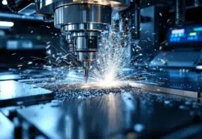 CNC freesmachine in werking met precisie snijgereedschap dat metaalspanen produceert in moderne industriële werkplaats