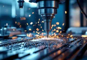 CNC freesmachine snijdt precisiepartronen in glimmend metaal met krulvormige metaalspanen onder industriële verlichting