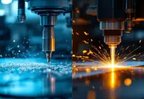 CNC-freesmachine en lasersnijder in split-screen vergelijking, metaalbewerking met spanen versus laserprecisie technologie
