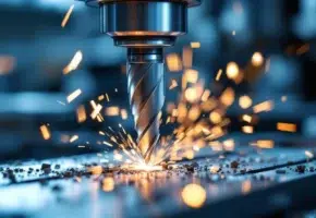 Precisie freesmachine snijdt metaal met vonken, scherpe carbide frees met metaalspanen in industriële omgeving