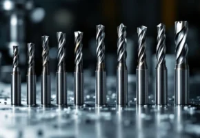 Industriële freesgereedschappen op gepolijste stalen werkbank met dramatische belichting en scherpe snijkanten