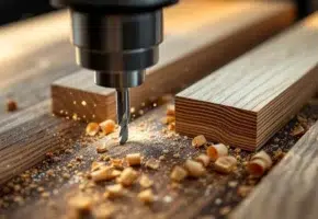 Industriële freesmachine bit snijdt houtspanen van mahonie, berk, eiken en walnoot planken in professionele werkplaats