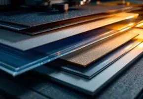 Industriële materialen met stansranden in lagen gerangschikt, inclusief plastic, rubber, metaal en karton met dramatische belichting