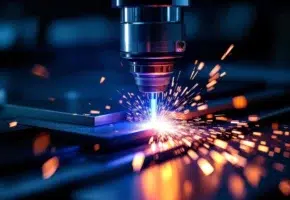 Industriële laser snijdt door gestapelde metalen platen, acryl en rubber met heldere vonken en precisie snijlijnen