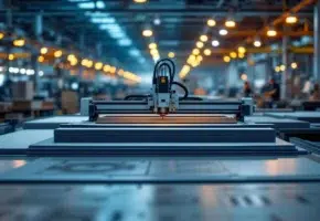 Industriële snijmachines verwerken grote materiaalplaten in moderne productiefaciliteit met dramatische verlichting