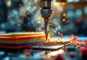 Industriële ponsmachine snijdt door kleurrijke materiaallagen met metaalspanen in de lucht