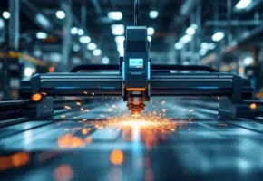 Industriële snijmachine met vonken tijdens metaalbewerking in moderne fabriek met blauwe en oranje verlichting