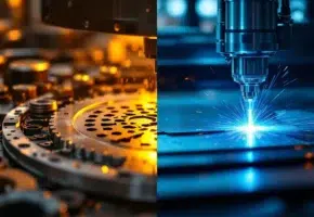 Industriële precisieapparatuur: staalsnijpers links en lasersnijmachine rechts die metaal en kunststof bewerken