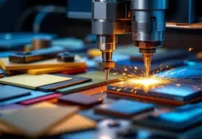 Precisie industriële snijgereedschap op metalen werkbank met stalen matrijzen, laserkoppen en verschillende gesneden materialen