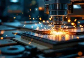 Industriële snijmachine verwerkt rubber, plastic en karton met precisie onder dramatische verlichting